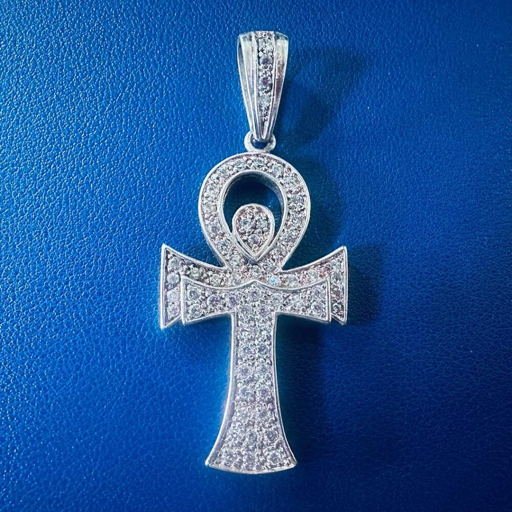 BLING Large Egyptian Ankh Pendant 20.5g CZ Stones - Silver Plated (Stamped .925)